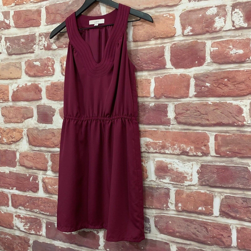 ANN TAYLOR LOFT WOMEN'S WINE PURPLE EMBROIDERED NECK SLEEVELESS DRESS - Picture 2 of 9